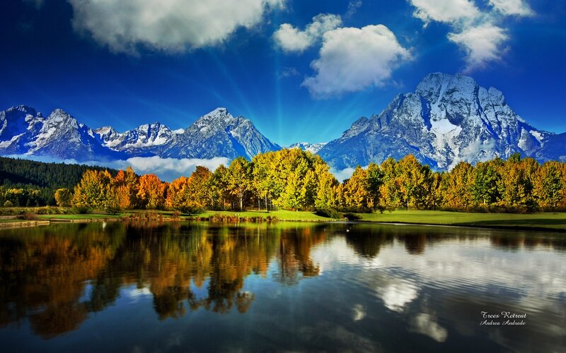 Mountain Range with Lake — Blue, Serene, Autumn, Photograph, Trees, Clouds