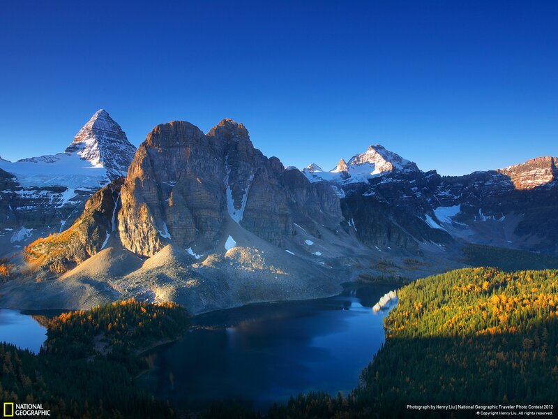 Mountain Range with Lake — Blue, Serene, Morning, Photograph, Forest, Snow, Green, Brown
