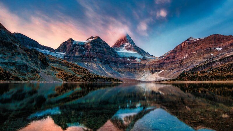 Mountain Range with Lake — Blue, Serene, Sunset, Photograph