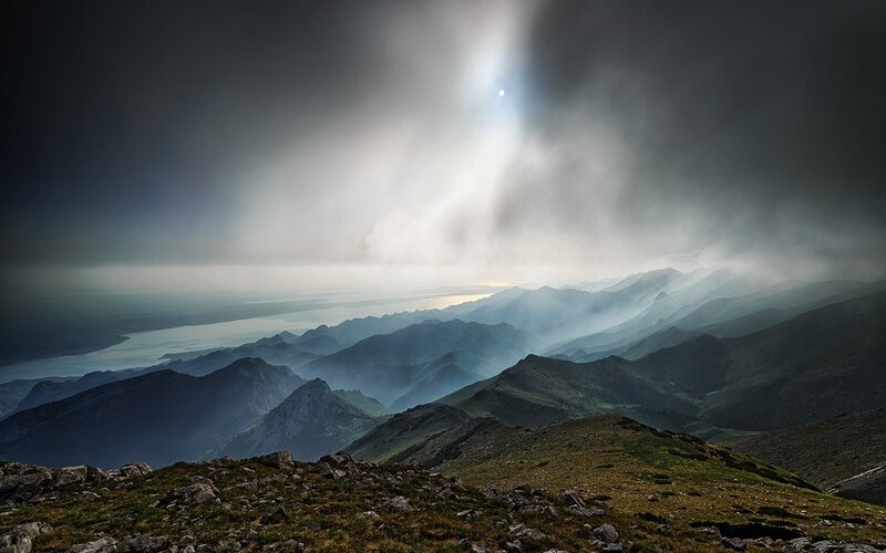Mountain Range with Lake — Gray, Dramatic, Morning