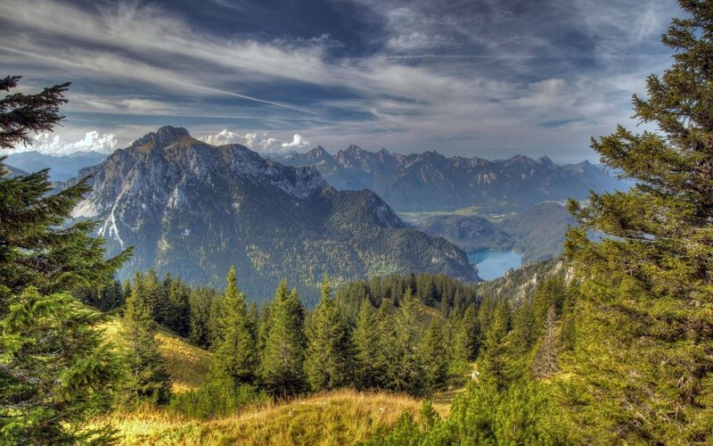 Mountain Range with Lake — Green, Dramatic, Afternoon, Photograph, Trees, Clouds
