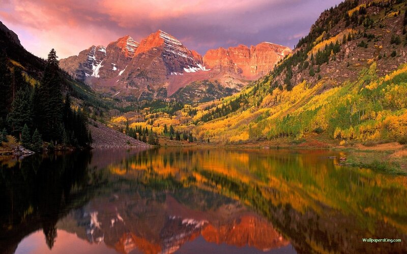 Mountain Range with Lake — Orange, Serene, Sunset, Photograph