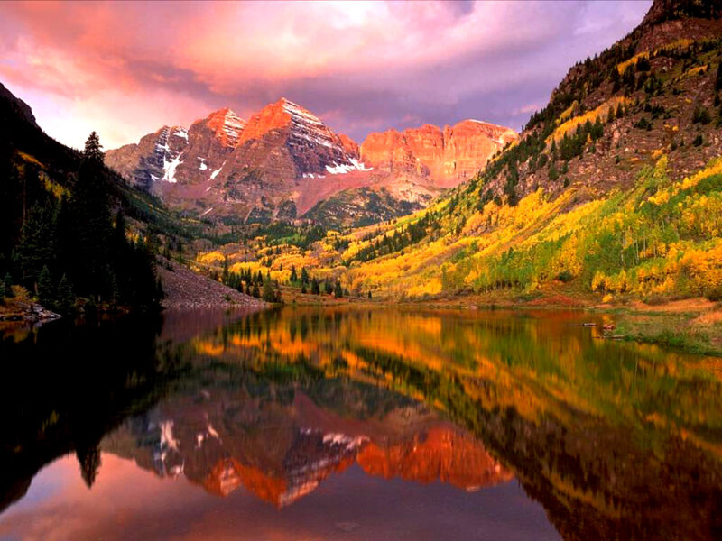 Mountain Range with Lake — Orange, Serene, Sunset, Photograph, Trees