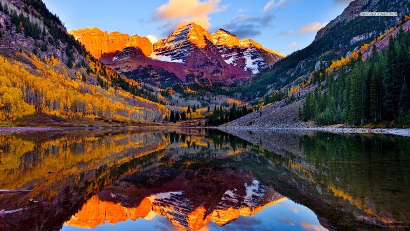 Mountain Range with Lake — Orange, Serene, Sunset