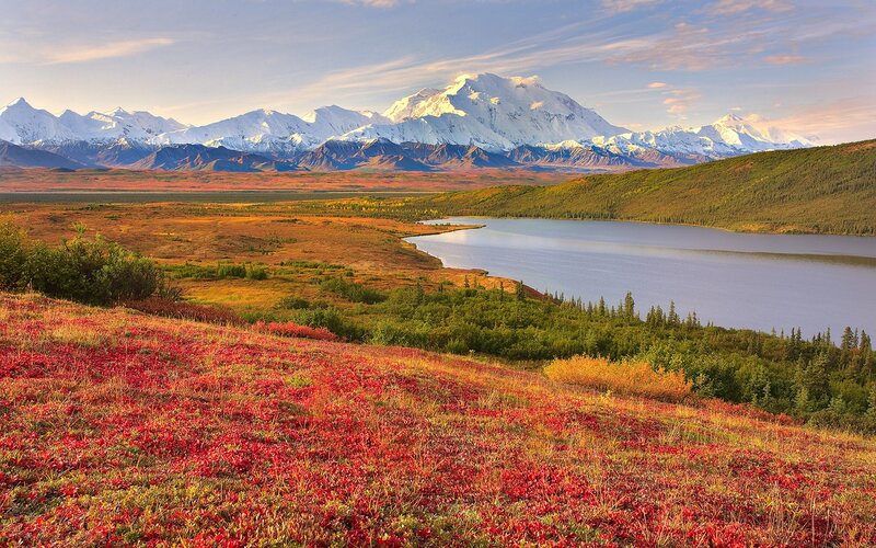 Mountain Range with Lake — Red, Serene, Autumn