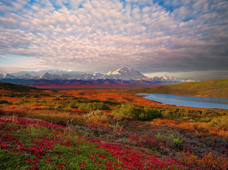 Mountain Range with Lake — Red, Serene, Sunset, Photograph