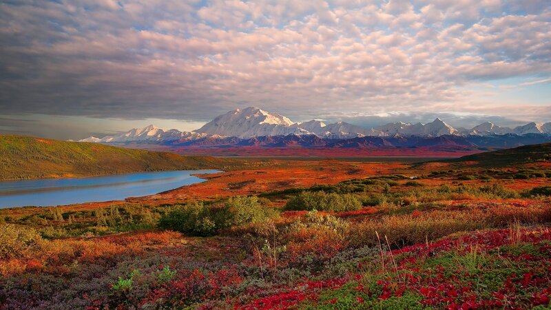 Mountain Range with Lake — Red, Serene, Sunset