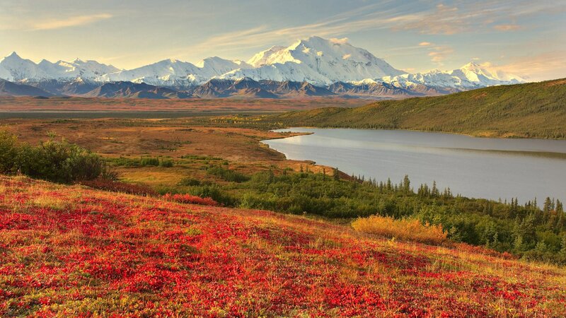 Mountain Range with Lake — Red
