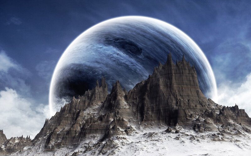 Mountain Range with Planet — Blue, Dramatic