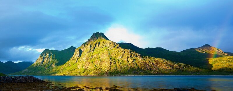 Mountain Range with Rainbow — Blue, Serene, Sunrise