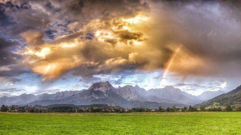 Mountain Range with Rainbow — Green, Dramatic