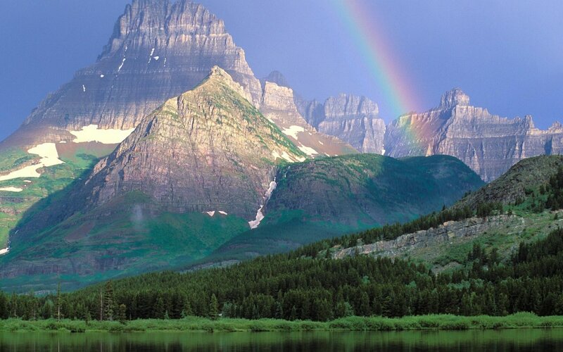 Mountain Range with Rainbow — Green, Serene, Afternoon