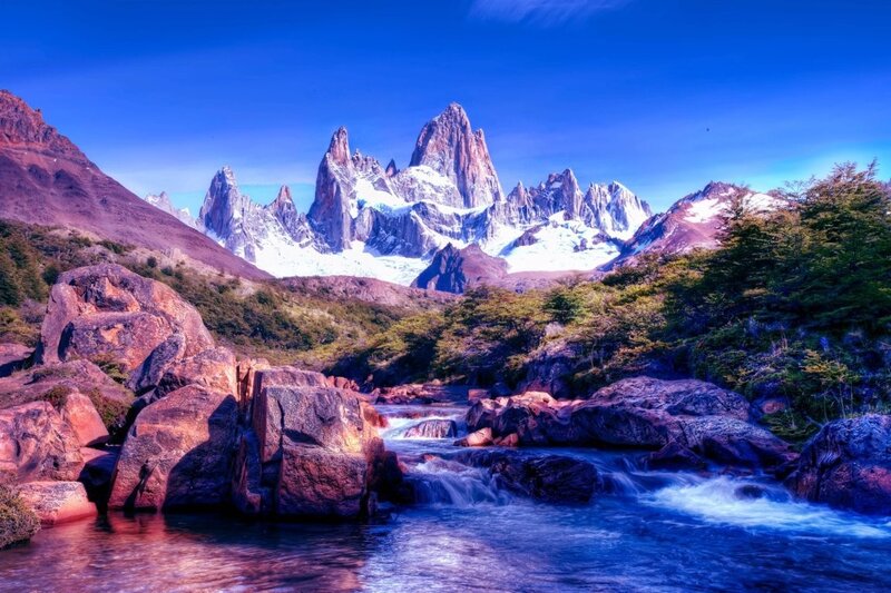 Mountain Range with River — Blue, Dramatic, Afternoon, Photograph, Rocks