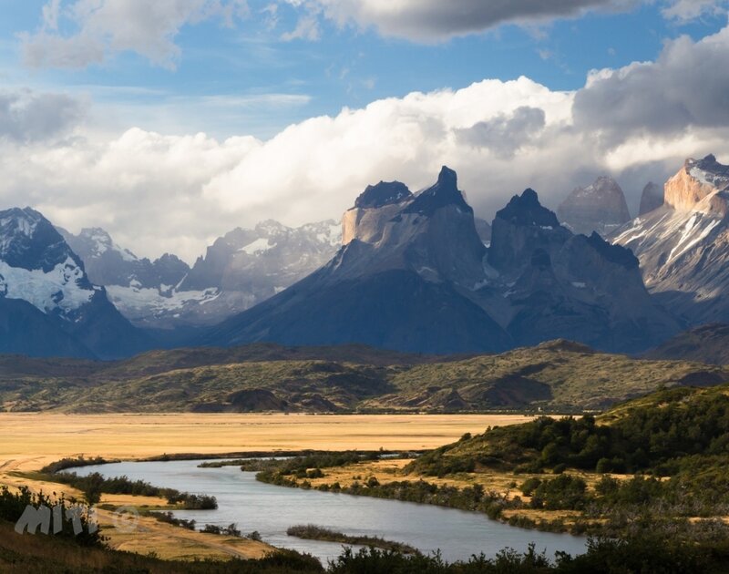 Mountain Range with River — Blue, Dramatic, Afternoon, Photograph