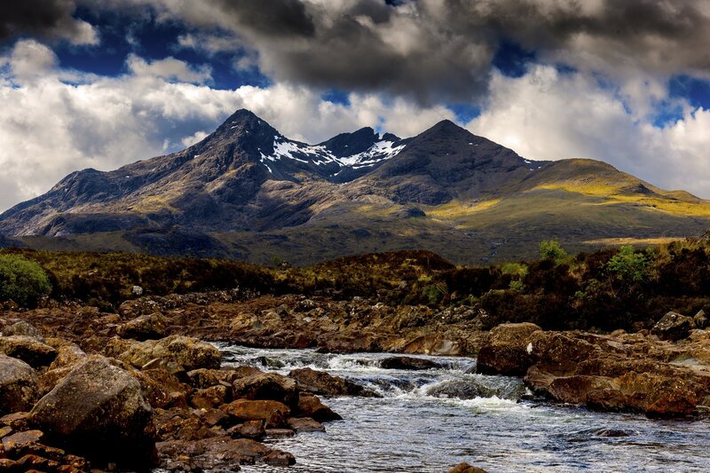 Mountain Range with River — Blue, Dramatic, Afternoon