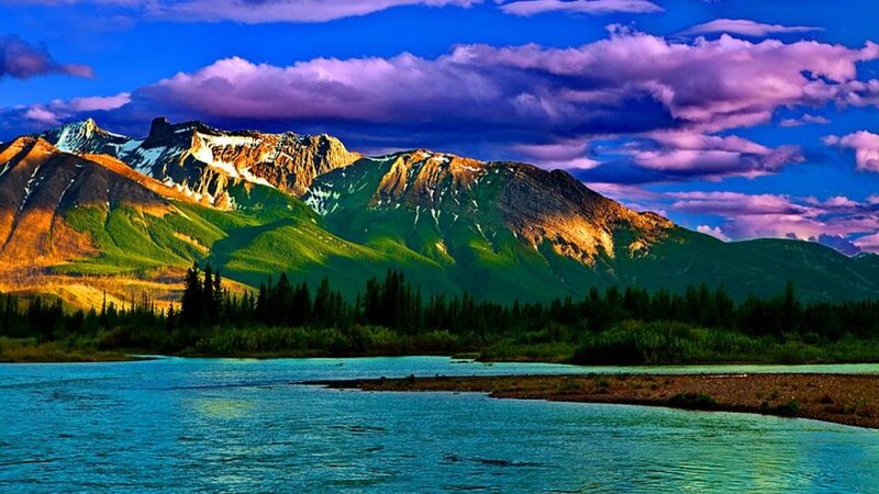 Mountain Range with River — Blue, Dramatic, Sunset