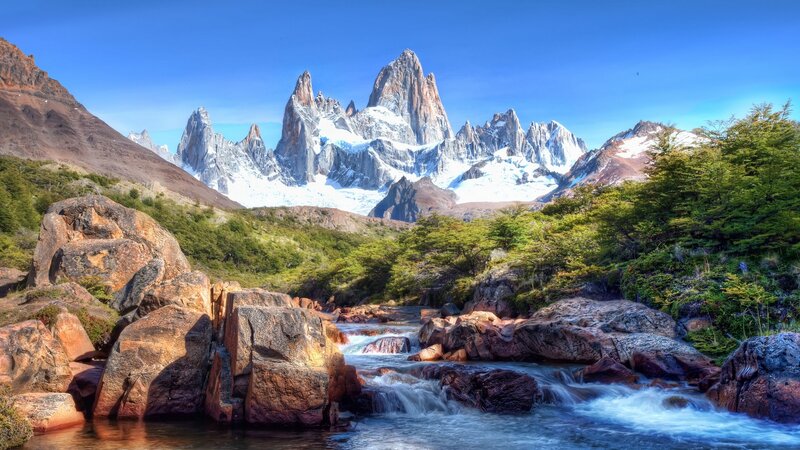 Mountain Range with River — Blue, Serene, Afternoon, Photograph, Rocks, Trees
