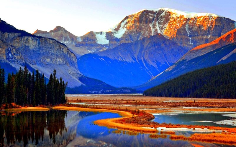 Mountain Range with River — Blue, Serene, Sunset