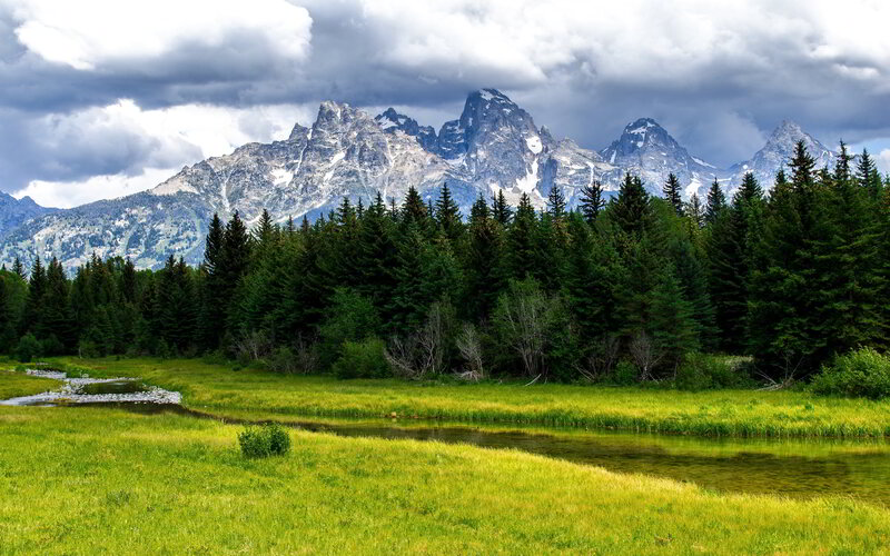 Mountain Range with River — Green, Dramatic, Afternoon, Photograph, Forest, Clouds