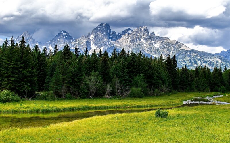 Mountain Range with River — Green, Dramatic, Afternoon, Photograph, Forest, Mountains, Clouds