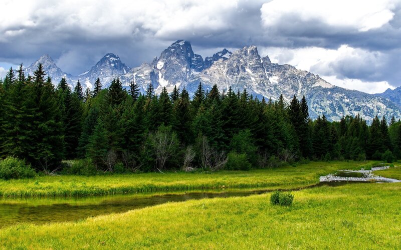 Mountain Range with River — Green, Dramatic, Afternoon, Photograph, Forest, Mountains