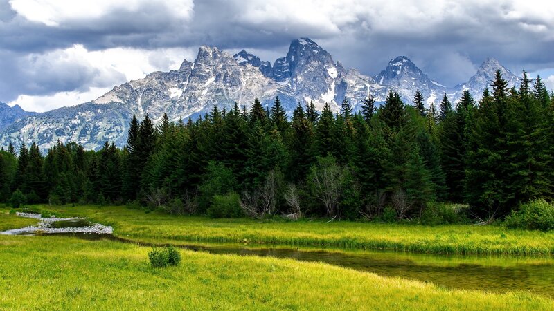 Mountain Range with River — Green, Dramatic, Afternoon, Photograph, Forest