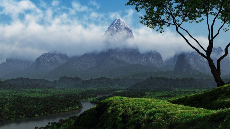 Mountain Range with River — Green, Serene, Morning, Digital Art