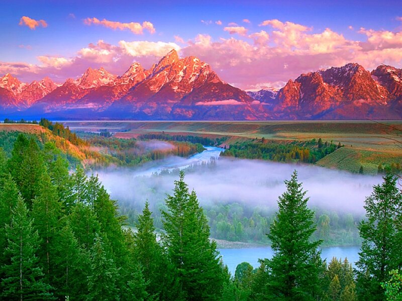 Mountain Range with River — Green, Serene, Sunrise, Photograph