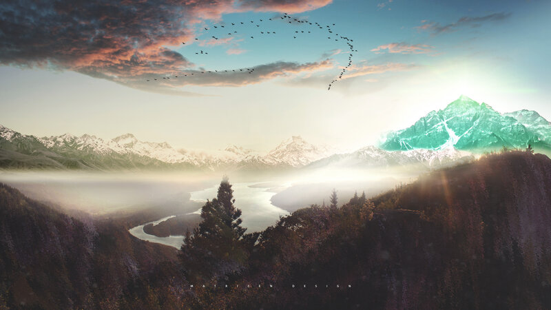 Mountain Range with River — Green, Serene, Sunrise