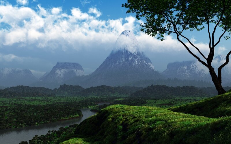 Mountain Range with River — Green