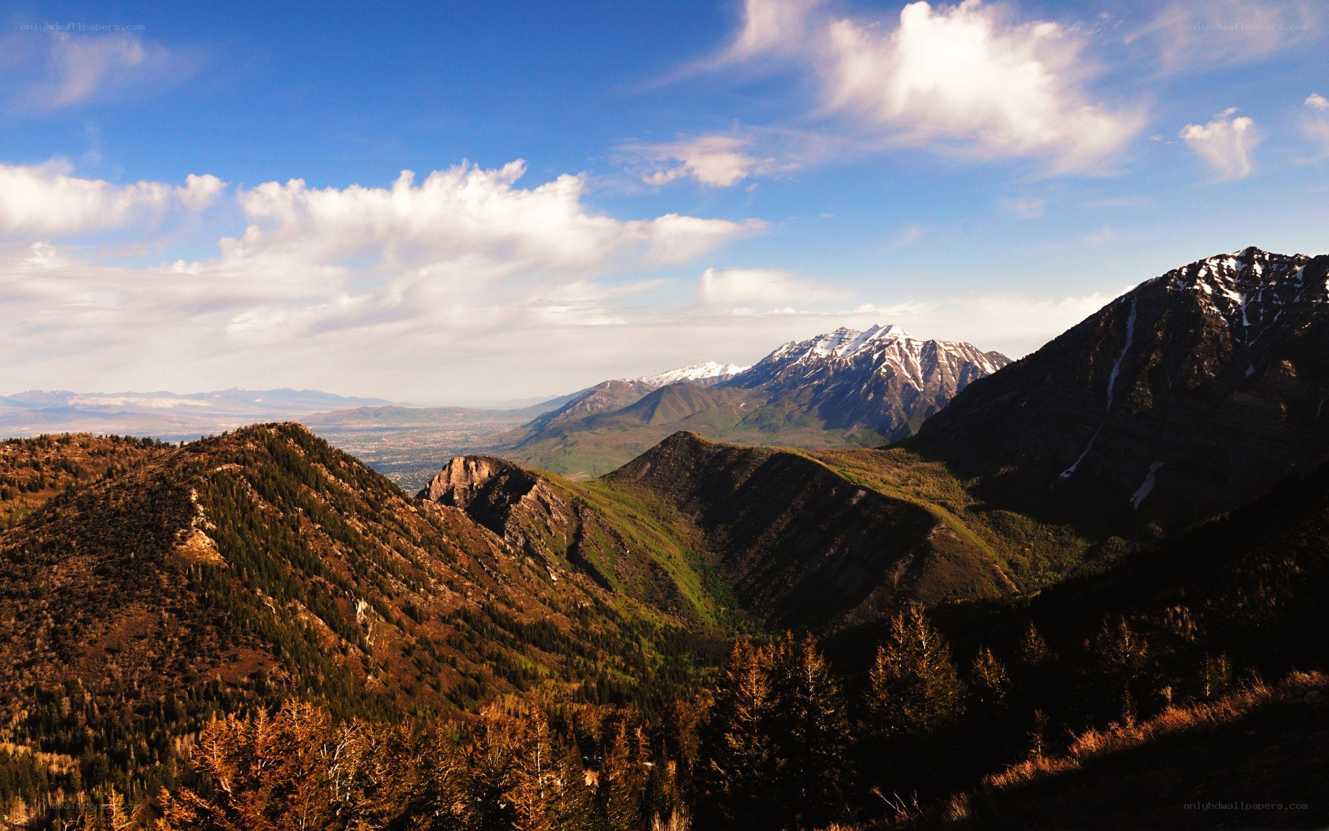 mountain range with snow-capped peaks