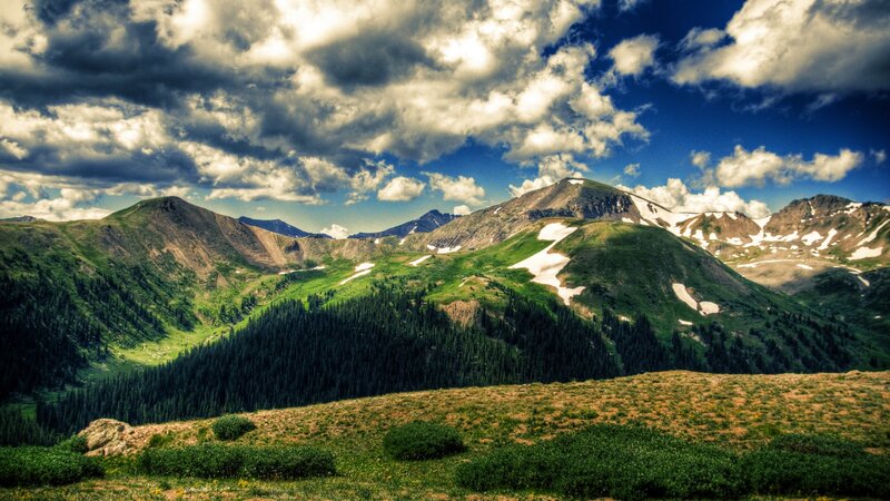 Mountain Range with Snow — Green, Dramatic, Summer, Photograph, Clouds
