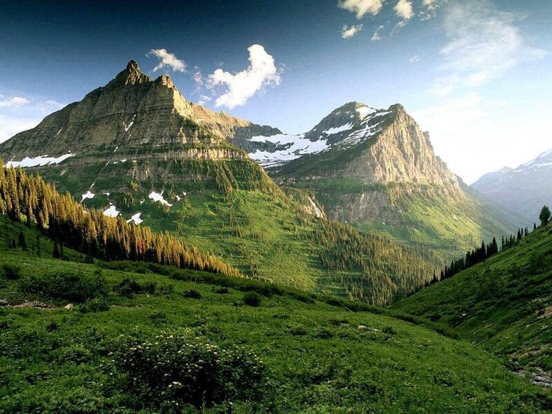 Mountain Range with Snow — Green, Serene, Afternoon, Photograph, Trees, Clouds
