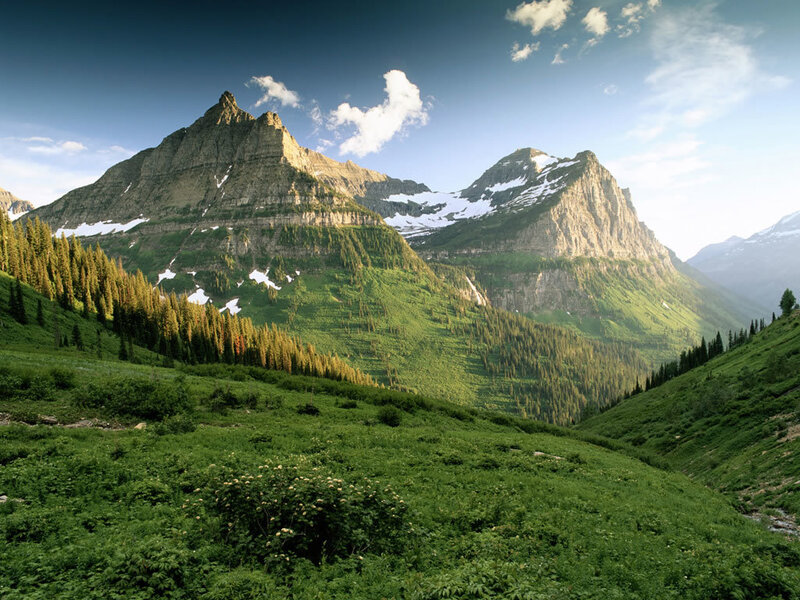 Mountain Range with Snow — Green, Serene, Morning, Photograph, Trees, Clouds