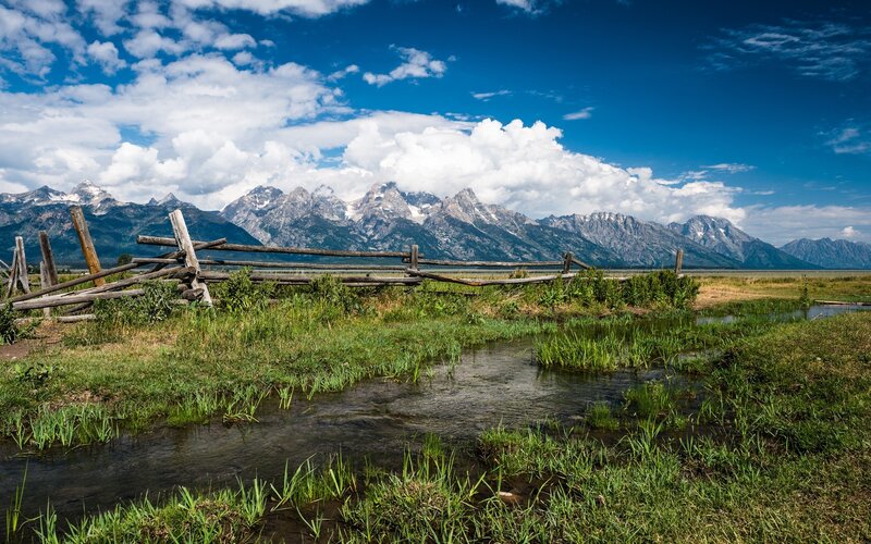 Mountain Range with Stream — Blue, Serene, Afternoon, Photograph