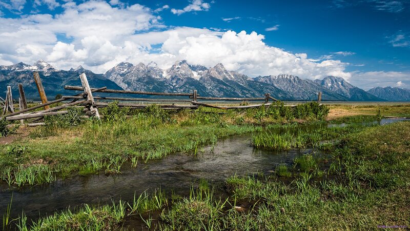 Mountain Range with Stream — Blue, Serene