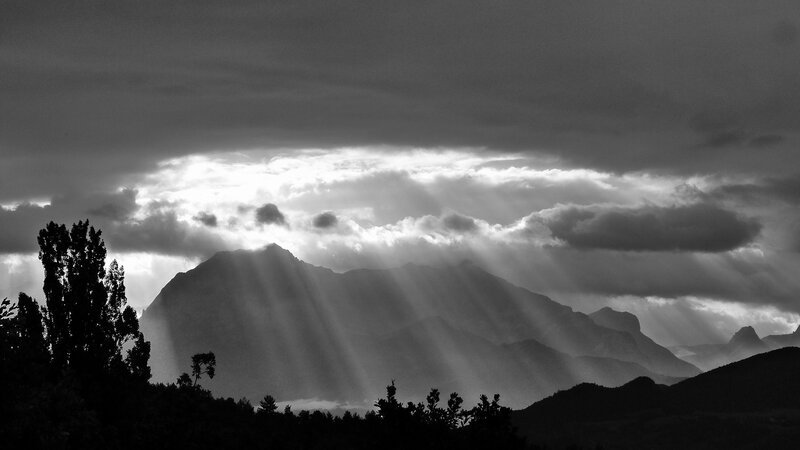 Mountain Range with Sunbeams — Black