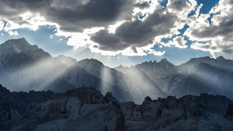 Mountain Range with Sunbeams — Gray, Dramatic, Morning, Photograph