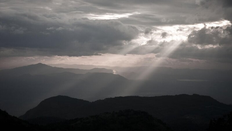 Mountain Range with Sunbeams — Gray, Dramatic