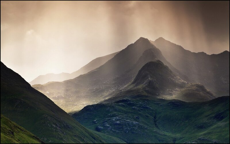 Mountain Range with Sunbeams — Green, Dramatic, Morning