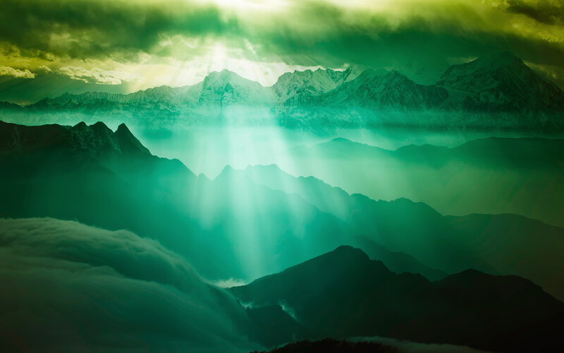 Mountain Range with Sunbeams — Green, Dramatic