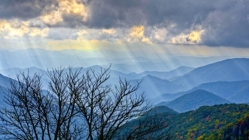 Mountain Range with Trees — Blue, Dramatic, Autumn