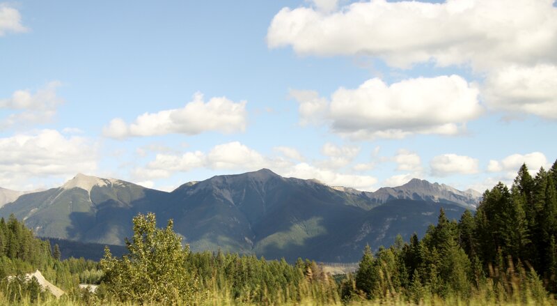 Mountain Range with Trees — Green, Serene, Afternoon, Photograph, Clouds