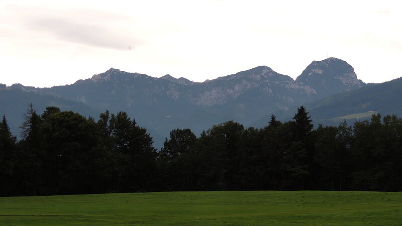 Mountain Range with Trees — Green, Serene, Morning, Photograph, Field
