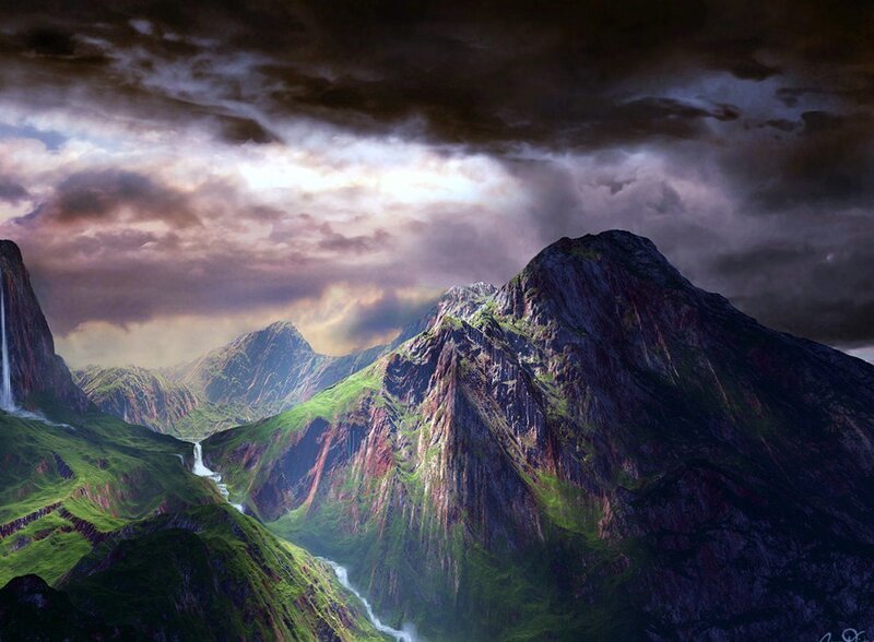 Mountain Range with Waterfall — Green