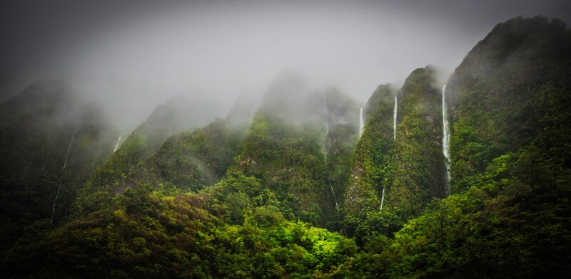 Mountain Range with Waterfalls — Green, Misty