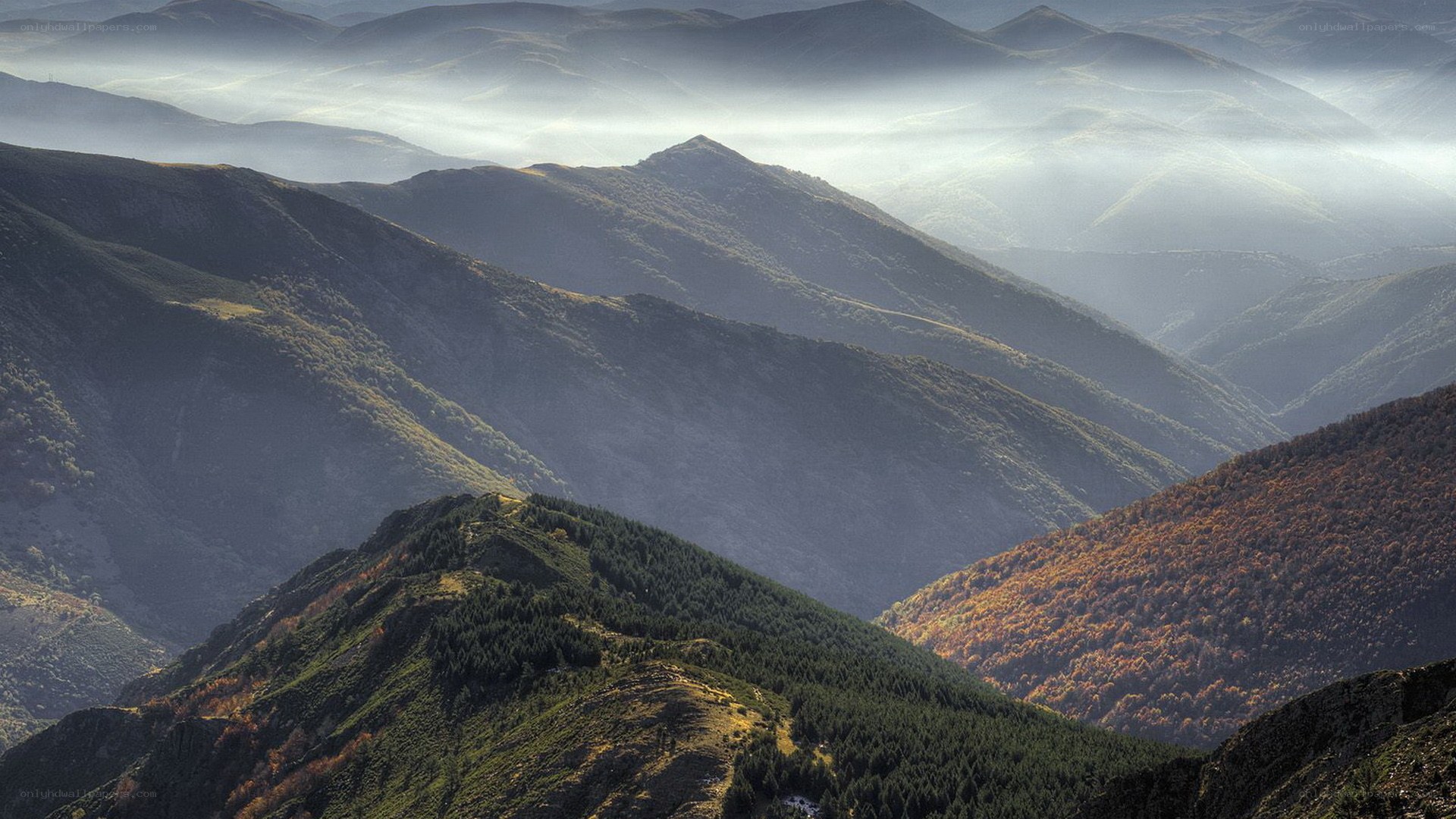 Mountain ranges in misty light