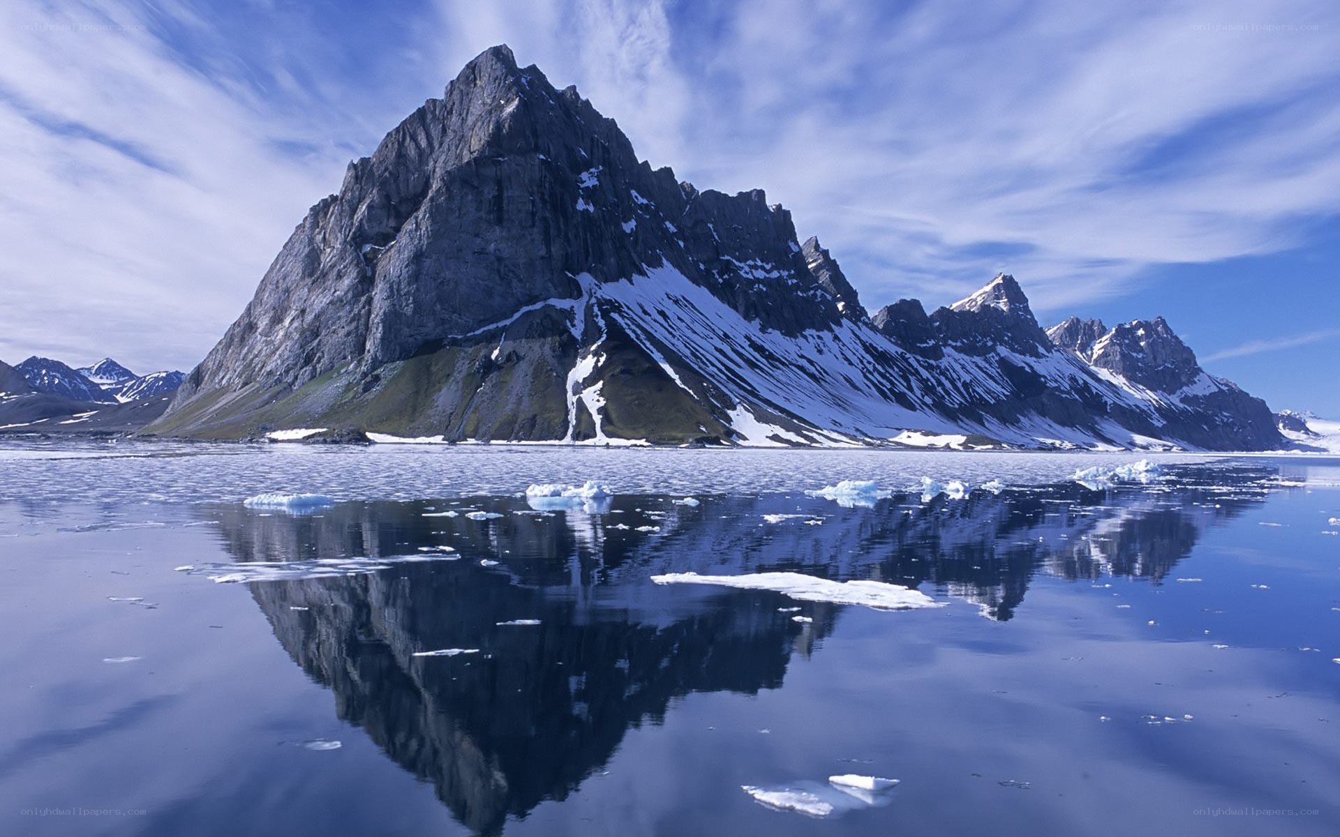 Mountain reflected in icy water