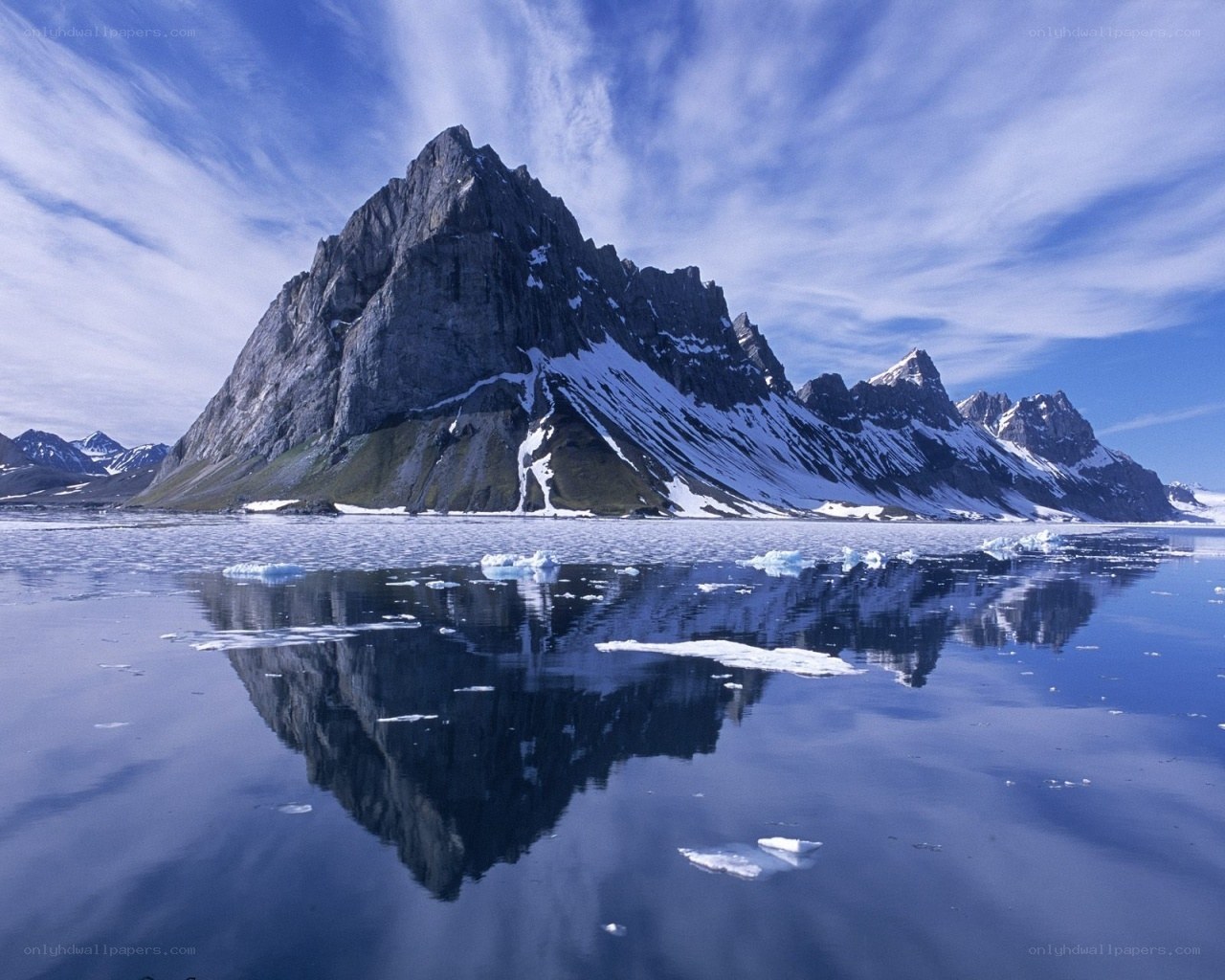 Mountain reflected in icy water