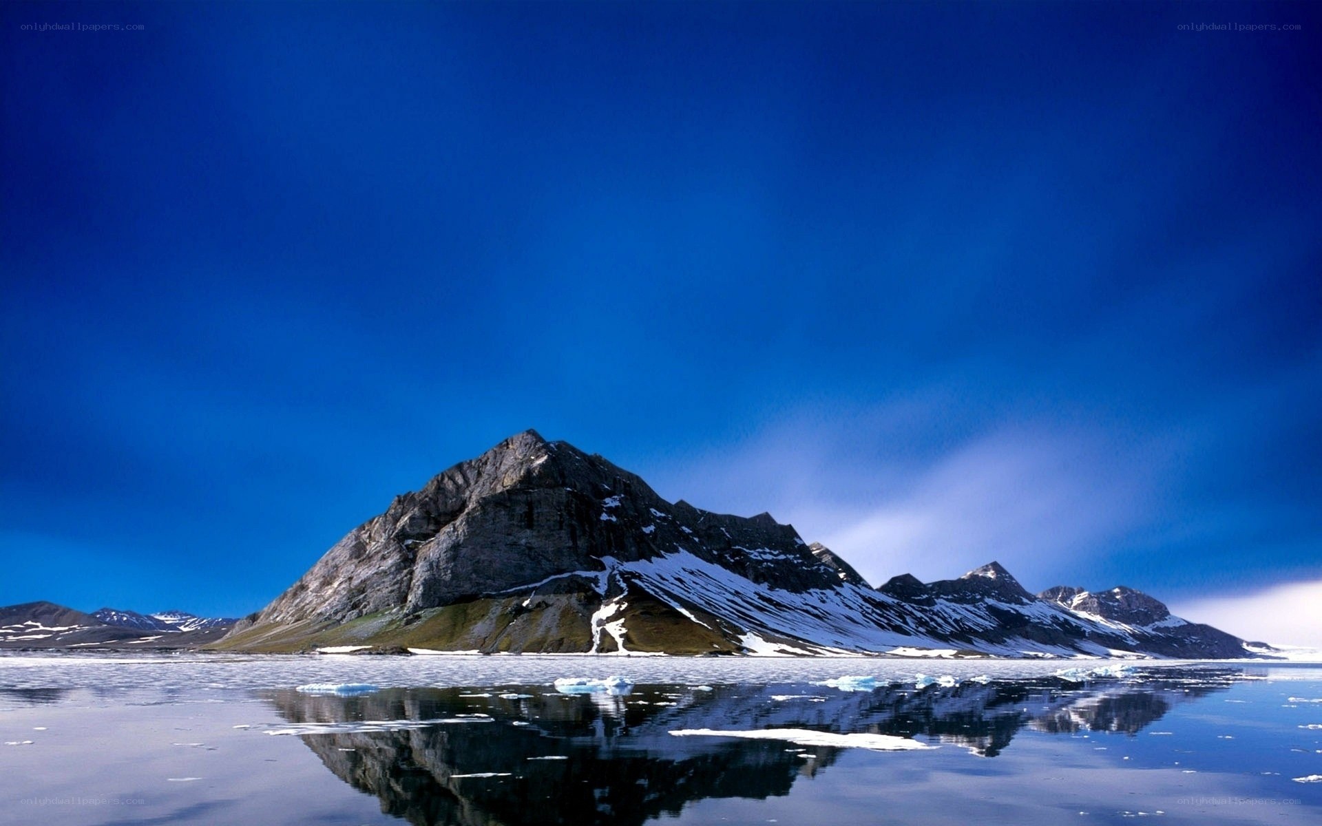 Mountain reflected in icy water